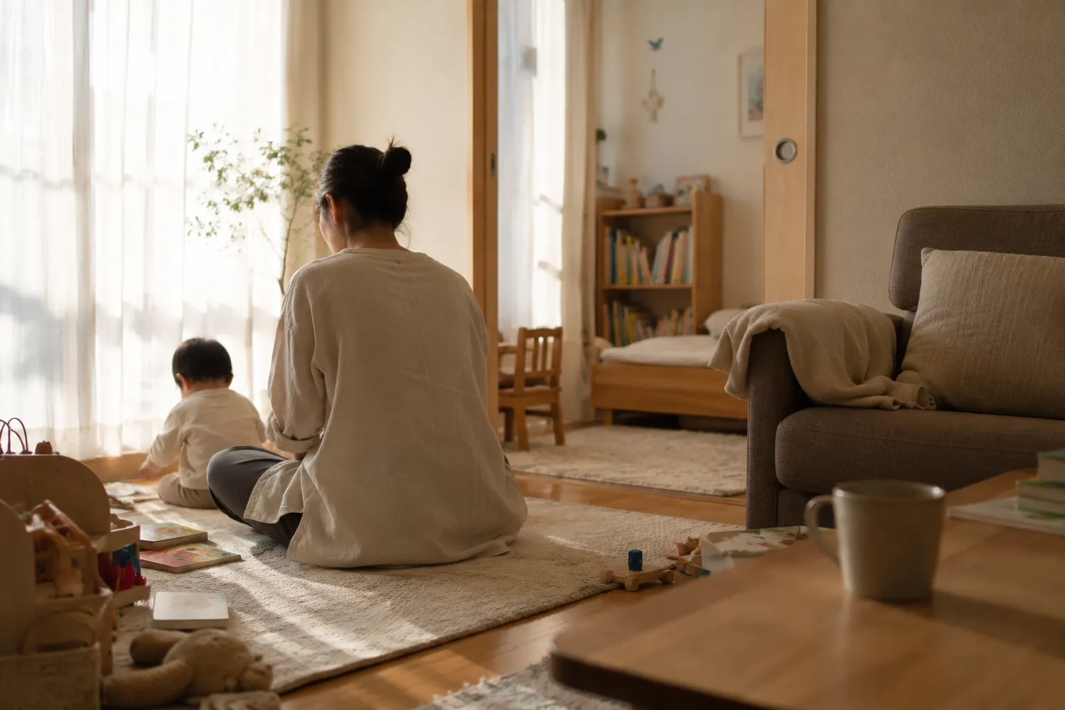 やわらかな室内の光の中で、子育ての日常が静かに息づくひととき